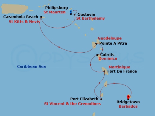 7 Night - St. Maarten to Barbados - World Navigator - Starting in Philipsburg, Gustavia, Carambola Beach, Pointe-a-Pitre, Cabrits (Portsmouth DM), Dominica, Fort-de-France, Port Elizabeth VC (Bequia), Bridgetown itinerary map
