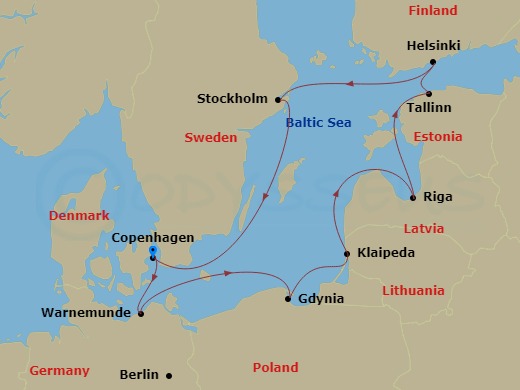 10 Night - Northern Europe - MSC Magnifica - Starting in Copenhagen, Denmark, Warnemunde (Berlin), Germany, Gdynia (Gdansk), Poland, Klaipeda, Lithuania, Riga, Latvia, Tallinn, Estonia, Helsinki, Finland, Stockholm, Sweden, Copenhagen, Denmark itinerary map