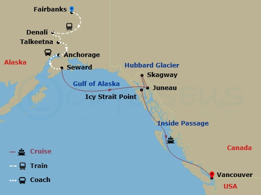 13 Night - Alaska Wilderness Spectacular Ct 8B - Ovation Of The Seas Tours - Starting in Fairbanks, Alaska, Denali, Alaska, Talkeetna, Alaska, Anchorage, Alaska, Seward, Alaska, Hubbard Glacier (Cruising), Juneau, Alaska, Skagway, Alaska, Icy Strait Point, Alaska, Vancouver, British Columbia itinerary map