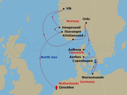 12 Night - Copenhagen to Ijmuiden - Silver Spirit - Starting in Copenhagen, Warnemunde (Rostock), Aarhus, Aalborg, Oslo, Kristiansand, Vik, Haugesund, Stavanger, Ijmuiden (Amsterdam) itinerary map