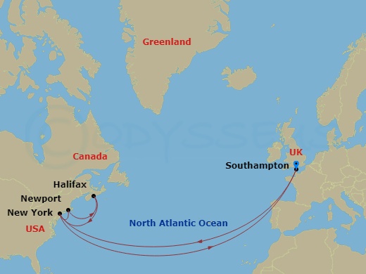 21 Night - Transatlantic Crossing, New England and Canada - Queen Mary 2 - Starting in Southampton, England, UK, New York, NY, Newport, RI, Halifax, NS, Canada, New York, NY, Southampton, England, UK itinerary map
