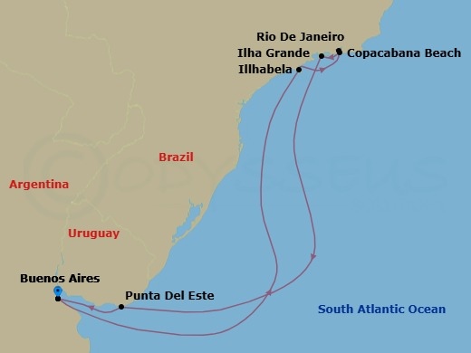 9 Night - South America - MSC Splendida - Starting in Buenos Aires, Argentina, Ilhabela, Brazil, Rio De Janeiro, Brazil, Copacabana (Rio de Janeiro), Brazil, Ilha Grande, Brazil, Punta Del Este, Uruguay, Buenos Aires, Argentina itinerary map