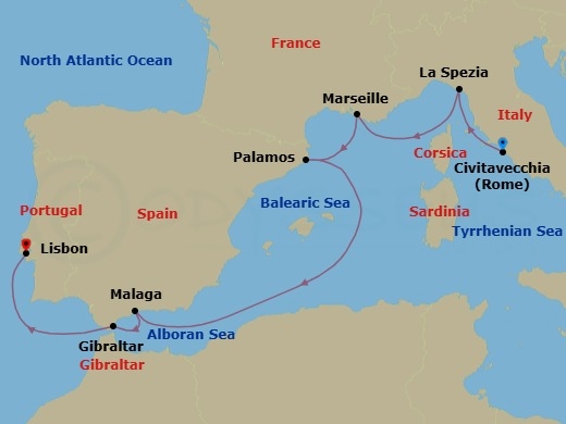 7 Night - Spellbinding Mediterranean - Seven Seas Splendor - Starting in Rome (Civitavecchia), La Spezia (Cinque Terre), Provence (Marseille), Palamos, Cruising the Mediterranean Sea, Malaga, Gibraltar, Lisbon itinerary map