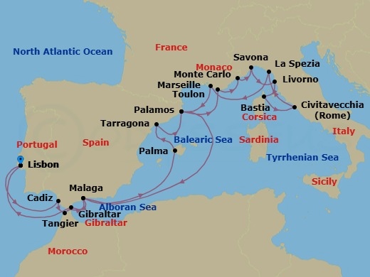 21 Night - Coastal Harmony - Seven Seas Splendor - Starting in Lisbon, Cruising the Atlantic Ocean, Cadiz, Tangier, Malaga, Cruising the Mediterranean Sea, Palma De Mallorca, Barcelona (Tarragona), Palamos, Toulon, Monte Carlo, Savona, Tuscany (Livorno), Bastia (Corsica), Rome (Civitavecchia), La Spezia (Cinque Terre), Provence (Marseille), Palamos, Cruising the Mediterranean Sea, Malaga, Gibraltar, Lisbon itinerary map