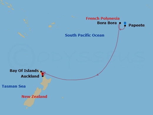 11 Night - French Polynesia & New Zealand Cruise : Papeete, Bora Bora & Auckland - Azamara Onward - Starting in Papeete, Tahiti, Bora Bora, Bay of Islands, Auckland itinerary map