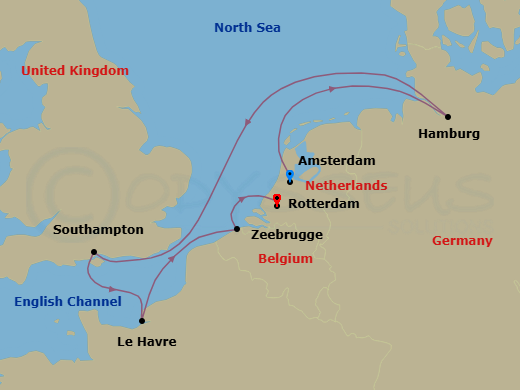 7 Night - Northern Europe - MSC Preziosa - Starting in Amsterdam, Netherlands, Hamburg, Germany, Southampton (London), United Kingdom, Le Havre (Paris), France, Zeebrugge (Bruges), Belgium, Rotterdam (Amsterdam), Netherlands itinerary map