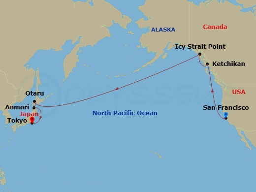 16 Night - Journeys - Alaska & Japan Transpa - Carnival Luminosa - Starting in San Francisco, Ca, Ketchikan, AK, Icy Strait Point, Ak, Cross International Dateline, Otaru (Sapporo), Japan, Aomori, Japan, Tokyo, Japan itinerary map