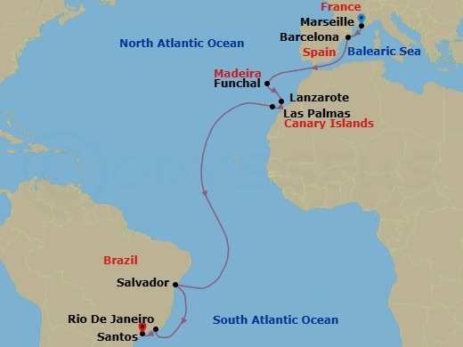 17 Night - Msc Grand Voyages - MSC Virtuosa - Starting in Marseille (Provence), France, Barcelona, Spain, Funchal (Madeira Islands), Portugal, Arrecife De Lanzarote (Canary Islands), Spain, Las Palmas de Gran Canaria (Canary Islands), Spain, Salvador, Brazil, Rio De Janeiro, Brazil, Santos (Sao Paulo), Brazil itinerary map