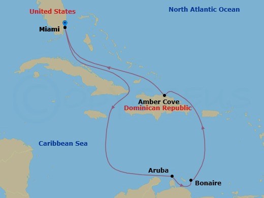 8 Night - Southern Caribbean - Carnival Venezia - Starting in Miami, Fl, Aruba, Bonaire, Amber Cove, Dominican Republic, Miami, Fl itinerary map