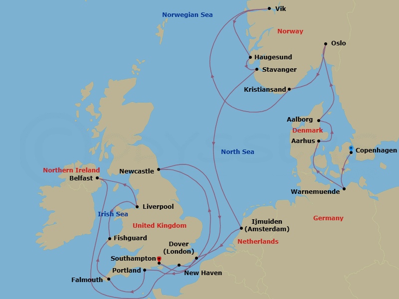 23 Night - Northern Europe from Copenhagen to Southampton - Silver Spirit - Starting in Copenhagen, Warnemunde, Aarhus, Aalborg, Oslo, Kristiansand, Vik, Haugesund, Stavanger, Ijmuiden, Dover UK, Portland UK, Falmouth, Fishguard, Liverpool, Belfast, Newhaven (Edinburgh), Newcastle UK, Southampton itinerary map