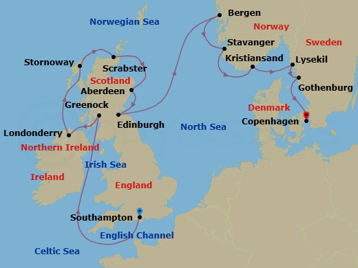14 Night - Castles of Ice & Stone - Oceania Marina - Starting in London (Southampton), Glasgow (Greenock), Londonderry, Stornoway (Hebrides), Scrabster, Aberdeen, Edinburgh (Newhaven), Bergen, Stavanger, Kristiansand, Lysekil, Gothenburg, Copenhagen itinerary map