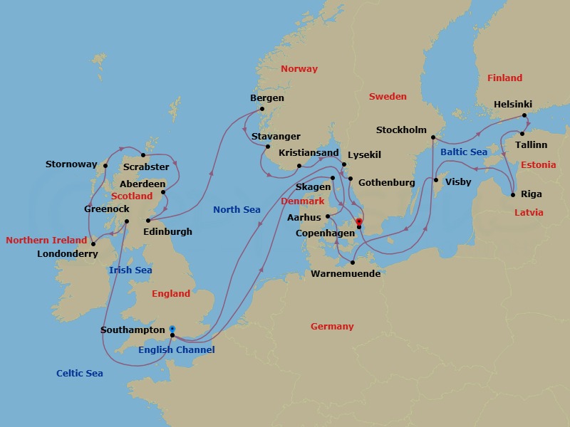 28 Night - Summer at Sea - Oceania Marina - Starting in London (Southampton), Skagen, Copenhagen, Stockholm, Helsinki, Tallinn, Riga, Visby, Sweden, Berlin (Warnemunde), Aarhus, London (Southampton), Glasgow (Greenock), Londonderry, Stornoway (Hebrides), Scrabster, Aberdeen, Edinburgh (Newhaven), Bergen, Stavanger, Kristiansand, Lysekil, Gothenburg, Copenhagen itinerary map