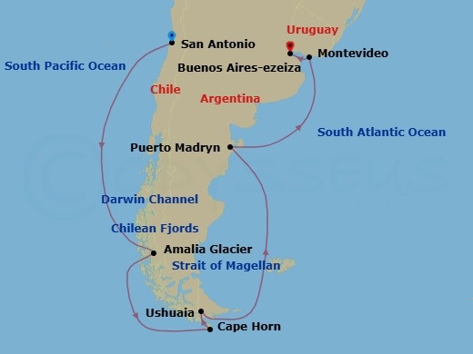 14 Night - Journeys - South America - Carnival Firenze - Starting in San Antonio CL (Santiago), Chile, Cruise Darwin Channel, Cruise Chilean Fjords, Cruise Amalia Glacier, Cruise Strait of Magellan, Cruise Cape Horn, Ushuaia, Argentina, Puerto Madryn, Argentina, Montevideo, Uruguay, Buenos Aires, Argentina itinerary map