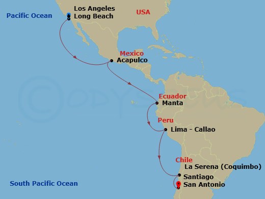 15 Night - Journeys - South America - Carnival Firenze - Starting in Long Beach (Los Angeles), Ca, Acapulco, Mexico, Crossing the Equator, Manta, Ecuador, Callao (Lima), Peru, Coquimbo (La Serena), Chile, San Antonio CL (Santiago), Chile itinerary map