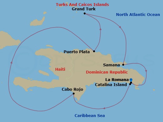 7 Night - Caribbean Roundtrip from La Romana - Costa Fascinosa - Starting in La Romana, Catalina Island, Cabo Rojo, Puerto Plata, Dominican Republic, Grand Turk, Arroyo Barril (Samana), La Romana itinerary map