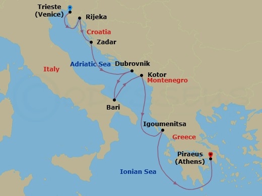 8 Night - History & Romance - Seven Seas Splendor - Starting in Venice (Trieste), Rijeka, Zadar, Dubrovnik, Croatia, Bari, Kotor, Igoumenitsa, Cruising the Mediterranean Sea, Athens (Piraeus) itinerary map