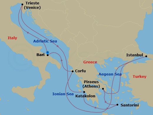 9 Night - Mediterranean - MSC Fantasia - Starting in Bari, Italy, Trieste (Venice), Italy, Katakolon (Olympia), Greece, Santorini, Greece, Piraeus (Athens), Greece, Istanbul, Turkey, Corfu, Greece, Bari, Italy itinerary map