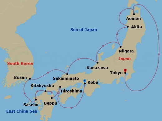 14 Night - Japan Intensive : Kobe, Aomori & Tokyo - Azamara Pursuit - Starting in Kobe, Hiroshima, Beppu, Kitakyushu, Sasebo, Busan, Sakaiminato, Kanazawa, Niigata, Akita, Aomori, Tokyo itinerary map
