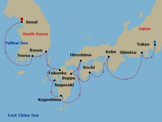 14 Night - Japan Intensive Cruise : Tokyo, Kobe & Nagasaki - Azamara Pursuit - Starting in Tokyo, Mount Fuji (Shimizu), Kobe, Kochi, Hiroshima, Beppu, Kagoshima, Nagasaki, Fukuoka, Busan, Yeosu, Seoul (Incheon) itinerary map