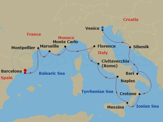 14 Night - Mediterranean & Italian Sojourn - Viking Vesta - Starting in Venice, Sibenik, Bari, Crotone, Sicily (Messina), Naples, Rome (Civitavecchia), Florence / Pisa (Livorno), Monte Carlo, Marseille, Sete, Barcelona itinerary map