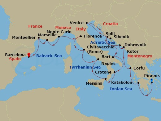 21 Night - Mediterranean & Adriatic Sojourn - Viking Vesta - Starting in Athens (Piraeus), Katakolon (Olympia), Corfu (Kerkyra), Kotor, Dubrovnik, Croatia, Split, Venice, Sibenik, Bari, Crotone, Sicily (Messina), Naples, Rome (Civitavecchia), Florence / Pisa (Livorno), Monte Carlo, Marseille, Sete, Barcelona itinerary map