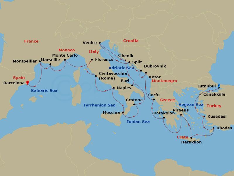 28 Night - Mediterranean's Iconic Shores - Viking Vesta - Starting in Istanbul, Troy (Canakkale), Ephesus (Kusadasi), Rhodes, Crete (Heraklion), Athens (Piraeus), Katakolon (Olympia), Corfu (Kerkyra), Kotor, Dubrovnik, Croatia, Split, Venice, Sibenik, Bari, Crotone, Sicily (Messina), Naples, Rome (Civitavecchia), Florence / Pisa (Livorno), Monte Carlo, Marseille, Sete, Barcelona itinerary map