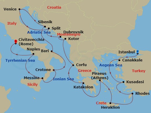 21 Night - Adriatic & Mediterranean Sojourn - Viking Vesta - Starting in Istanbul, Troy (Canakkale), Ephesus (Kusadasi), Rhodes, Crete (Heraklion), Athens (Piraeus), Katakolon (Olympia), Corfu (Kerkyra), Kotor, Dubrovnik, Croatia, Split, Venice, Sibenik, Bari, Crotone, Sicily (Messina), Naples, Rome (Civitavecchia) itinerary map