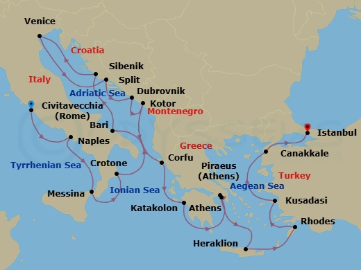 21 Night - Adriatic & Mediterranean Sojourn - Viking Vesta - Starting in Rome (Civitavecchia), Naples, Sicily (Messina), Crotone, Bari, Sibenik, Venice, Split, Dubrovnik, Croatia, Kotor, Corfu (Kerkyra), Katakolon (Olympia), Athens (Piraeus), Athens, Crete (Heraklion), Rhodes, Ephesus (Kusadasi), Troy (Canakkale), Istanbul itinerary map