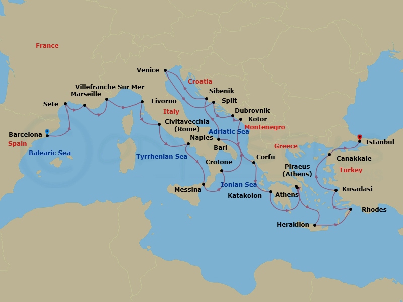 28 Night - Mediterranean's Iconic Shores - Viking Vesta - Starting in Barcelona, Sete, Marseille, Villefranche-Sur-Mer, Florence / Pisa (Livorno), Rome (Civitavecchia), Naples, Sicily (Messina), Crotone, Bari, Sibenik, Venice, Split, Dubrovnik, Croatia, Kotor, Corfu (Kerkyra), Katakolon (Olympia), Athens (Piraeus), Athens, Crete (Heraklion), Rhodes, Ephesus (Kusadasi), Troy (Canakkale), Istanbul itinerary map