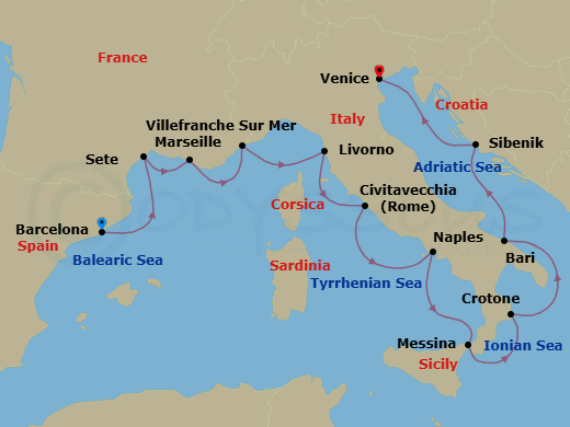 14 Night - Mediterranean & Italian Sojourn - Viking Vesta - Starting in Barcelona, Sete, Marseille, Villefranche-Sur-Mer, Florence / Pisa (Livorno), Rome (Civitavecchia), Naples, Sicily (Messina), Crotone, Bari, Sibenik, Venice itinerary map