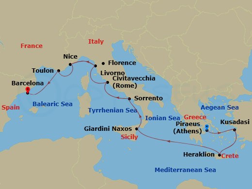11 Night - Solar Eclipse Cruise : Greece, Turkey & Italy - Azamara Onward - Starting in Athens (Piraeus), Ephesus (Kusadasi), Heraklion, (Crete), Taormina (Giardini Naxos), Sicily, Sorrento, Rome (Civitavecchia), Florence / Pisa (Livorno), Nice, Provence (Toulon), Barcelona itinerary map