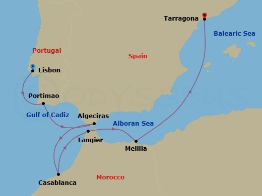 7 Night - Cinematic Shores - Seven Seas Splendor - Starting in Lisbon, Portimao, Algeciras, Casablanca, Tangier, Melilla, Cruising the Mediterranean Sea, Barcelona (Tarragona) itinerary map