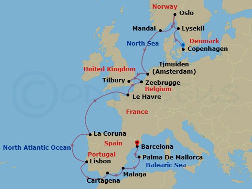 17 Night - Northern Elegance, Southern Glamour - Seven Seas Voyager - Starting in Copenhagen, Lysekil, Oslo, Mandal, Cruising the North Sea, Amsterdam (Ijmuiden), London (Tilbury), Bruges (Zeebrugge), Paris (Le Havre), Cruising the Atlantic Ocean, La Coruna, Lisbon, Cruising the Atlantic Ocean, Malaga, Cartagena ES, Palma De Mallorca, Barcelona itinerary map