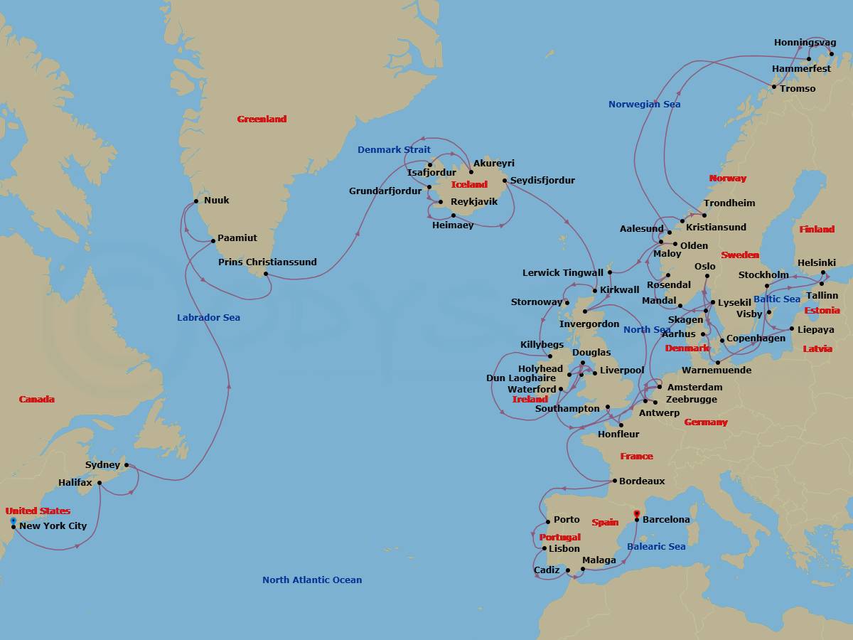 81 Night - Grand Arctic Adventure - Seven Seas Mariner - Starting in New York, Cruising the Atlantic Ocean, Halifax, Sydney CA, Cruising the Atlantic Ocean, Paamiut, Cruising the Nuuk Fjord, Nuuk, Cruising the Labrador Sea, Cruising Prince Christian Sound, Cruising the Labrador Sea, Isafjordur, Akureyri, Grundarfjordur, Reykjavik, Heimaey, Seydisfjodur, Cruising the Atlantic Ocean, Kirkwall (Orkney Islands), Stornoway (Hebrides), Killybegs, Douglas, Dun Laoghaire, Liverpool, Holyhead, Waterford, Cruising the Celtic Sea, London (Southampton), Paris (Honfleur), Antwerp, Amsterdam, Cruising the North Sea, Lysekil, Aarhus, Berlin (Warnemunde), Cruising the Baltic Sea, Liepaja, Visby, Sweden, Helsinki, Tallinn, Stockholm, Cruising the Baltic Sea, Copenhagen, Lysekil, Oslo, Skagen, Mandal, Rosendal, Olden, Kristiansund, Trondheim, Cruising the Norwegian Sea, Hammerfest, Honningsvag, Tromso, Cruising the Norwegian Sea, Alesund, Maloy, Lerwick (Shetland Islands), Invergordon, United Kingdom, Cruising the North Sea, Bruges (Zeebrugge), Amsterdam, Cruising the North Sea, Cruising the Bay of Biscay, Bordeaux, Cruising the Bay of Biscay, Oporto, Lisbon, Cadiz, Malaga, Cruising the Mediterranean Sea, Barcelona itinerary map