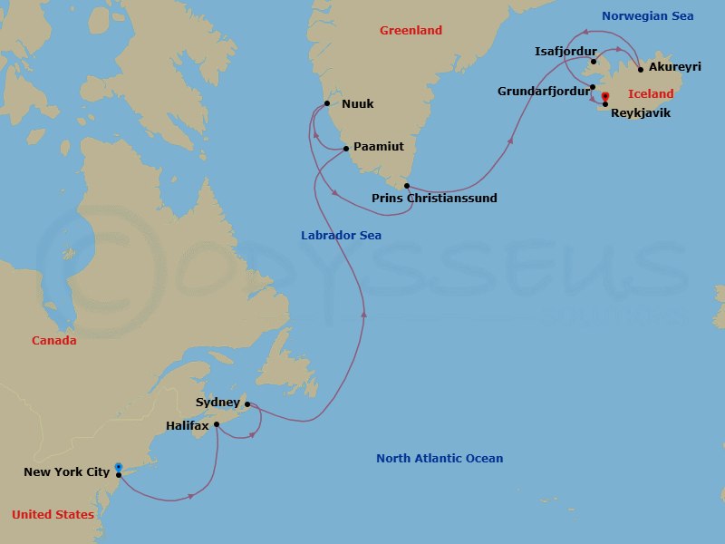 18 Night - Icelandic Getaway - Seven Seas Mariner - Starting in New York, Cruising the Atlantic Ocean, Halifax, Sydney CA, Cruising the Atlantic Ocean, Paamiut, Cruising the Nuuk Fjord, Nuuk, Cruising the Labrador Sea, Cruising Prince Christian Sound, Cruising the Labrador Sea, Isafjordur, Akureyri, Grundarfjordur, Reykjavik itinerary map