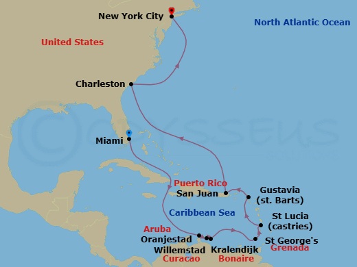 16 Night - Spotlight with Southern Living - Seven Seas Mariner - Starting in Miami, Cruising the Old Bahama Channel, Cruising the Caribbean Sea, Oranjestad, Willemstad AN, Bonaire (Kralendijk), St Georges, Castries, Gustavia, San Juan, Cruising the Atlantic Ocean, Charleston, Cruising the Atlantic Ocean, New York itinerary map
