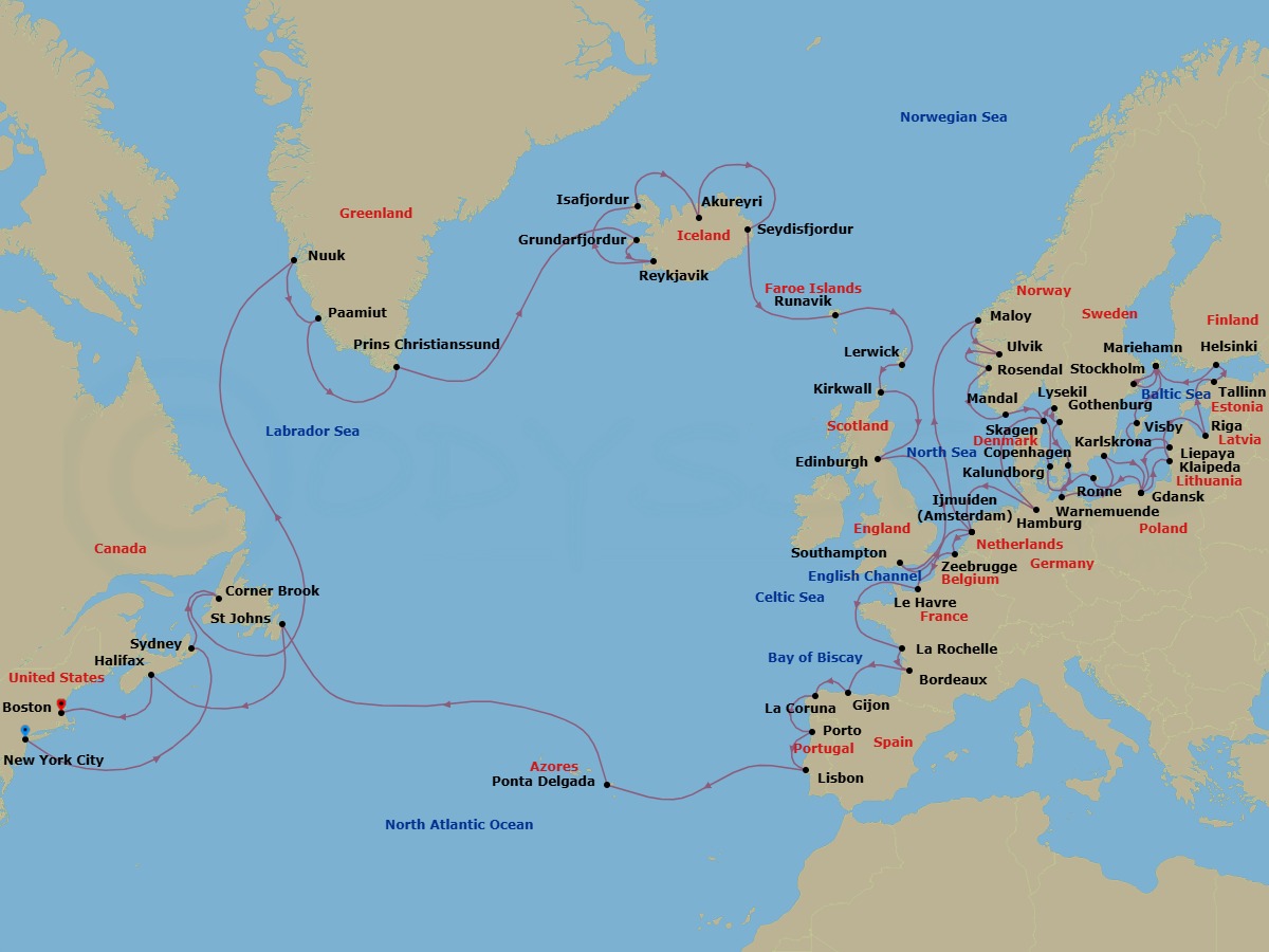 78 Night - Grand Nordic & Baltic Discovery - Oceania Aurelia - Starting in New York, Sydney CA, Corner Brook, Nuuk, Paamiut (Frederikshab), Cruising Prince Christian Sound, Grundarfjordur, Reykjavik, Isafjordur, Akureyri, Seydisfjordur, Runavik, Faroe Islands, Lerwick (Shetland Islands), Kirkwall (Orkney Islands), Edinburgh (Newhaven), London (Southampton), Ijmuiden, Maloy, Ulvik, Norway, Rosendal, Mandal, Skagen, Lysekil, Gothenburg, Copenhagen, Berlin (Warnemunde), Karlskrona, Gdansk, Klaipeda, Riga, Tallinn, Helsinki, Mariehamn, Stockholm, Mariehamn, Visby, Sweden, Liepaja, Gdansk (Gdynia), Ronne (Bornholm), Kalundborg, Kiel Canal Transit, Hamburg, Ijmuiden, Bruges (Zeebrugge), Paris (Le Havre), La Rochelle, France, Bordeaux, Gijon, Spain, La Coruna, Oporto, Lisbon, Ponta Delgada (Azores), St Johns NF, Halifax, Boston itinerary map