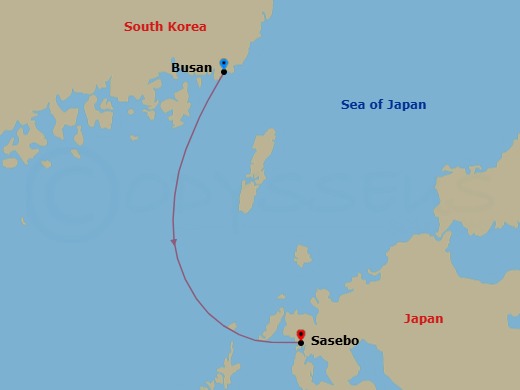 1 Night - Far East from Pusan - Costa Serena - Starting in Busan, South Korea, Sasebo, Japan itinerary map