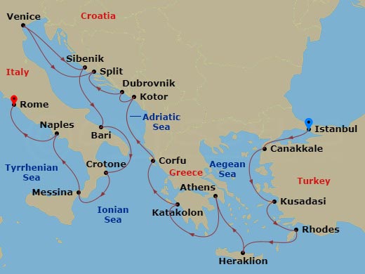 21 Night - Adriatic & Mediterranean Sojourn - Viking Jupiter - Starting in Istanbul, Troy (Canakkale), Ephesus (Kusadasi), Rhodes, Crete (Heraklion), Athens (Piraeus), Katakolon (Olympia), Corfu (Kerkyra), Kotor, Dubrovnik, Croatia, Split, Venice (Fusina), Sibenik, Bari, Crotone, Sicily (Messina), Naples, Rome (Civitavecchia) itinerary map