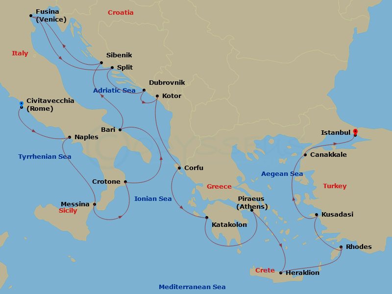 21 Night - Adriatic & Mediterranean Sojourn - Viking Jupiter - Starting in Rome (Civitavecchia), Naples, Sicily (Messina), Crotone, Bari, Sibenik, Venice (Fusina), Split, Dubrovnik, Croatia, Kotor, Corfu (Kerkyra), Katakolon (Olympia), Athens (Piraeus), Crete (Heraklion), Rhodes, Ephesus (Kusadasi), Troy (Canakkale), Istanbul itinerary map