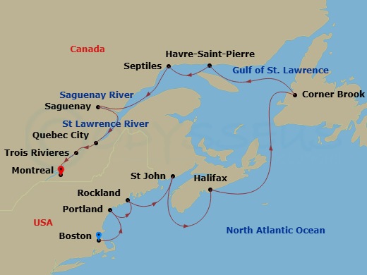 12 Night - Canada & New England Intensive Cruise : Portland, Saguenay & Montreal - Azamara Quest - Starting in Boston, Massachusetts, Portland ME, Rockland, Maine, Saint John NB, New Brunswick, Halifax, Nova Scotia, Corner Brook, Newfoundland, Havre-saint-pierre, Quebec, Sept-iles, Quebec, Scenic Cruising Saguenay Fjord, Saguenay, Quebec, Quebec City, Quebec, Trois-Rivieres, Quebec, Montreal, Quebec itinerary map