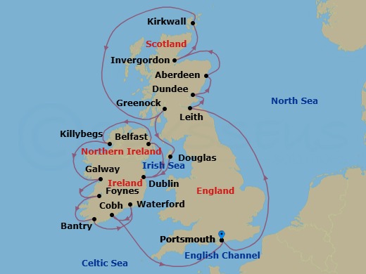 22 Night - Scotland & Ireland Combination Cruise : Edinburgh, Dublin & Belfast - Azamara Journey - Starting in Portsmouth UK, Leith (Edinburgh), Scotland, Dundee, Scotland, Aberdeen, Scotland, Invergordon, Scotland, Kirkwall, Orkney Islands, Scotland, Glasgow (Greenock), Scotland, Douglas, Dublin, Belfast, Northern Ireland, Donegal (Killybegs), Galway, Foynes, Bantry Harbour, Waterford, Cork (Cobh), Portsmouth UK itinerary map