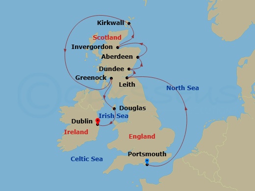 11 Night - Scotland Intensive Cruise : Edinburgh, Aberdeen & Glasgow - Azamara Journey - Starting in Portsmouth UK, Leith (Edinburgh), Scotland, Dundee, Scotland, Aberdeen, Scotland, Invergordon, Scotland, Kirkwall, Orkney Islands, Scotland, Glasgow (Greenock), Scotland, Douglas, Dublin itinerary map