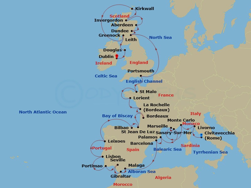 35 Night - Rome to Dublin Grand Voyage - Azamara Journey - Starting in Rome (Civitavecchia), Florence / Pisa (Livorno), Monte Carlo, Provence (Marseille), Sanary-sur-mer, Palamos, Barcelona, Malaga, Gibraltar, Seville, Portimao, Lisbon, Porto (Leixoes), Bilbao, St Jean De Luz, Bordeaux, La Rochelle, France, Lorient, Saint-malo, Portsmouth UK, Leith (Edinburgh), Scotland, Dundee, Scotland, Aberdeen, Scotland, Invergordon, Scotland, Kirkwall, Orkney Islands, Scotland, Glasgow (Greenock), Scotland, Douglas, Dublin itinerary map