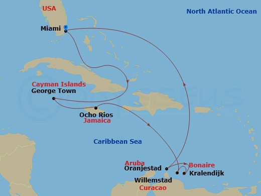 10 Night - Caribbean and Antilles - MSC Poesia - Starting in Miami, Florida, George Town, Cayman Islands, Ocho Rios, Jamaica, Willemstad AN, Kralendijk, Bonaire, Oranjestad, Aruba, Miami, Florida itinerary map
