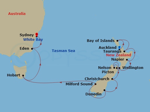 16 Night - New Zealand & Australia Cruise : Auckland, Milford Sound & Sydney - Azamara Pursuit - Starting in Auckland, Bay of Islands, Tauranga, Napier, Wellington, Nelson, Picton, Christchurch, Dunedin, Milford Sound, Hobart, Tasmania, Eden, Sydney AU itinerary map