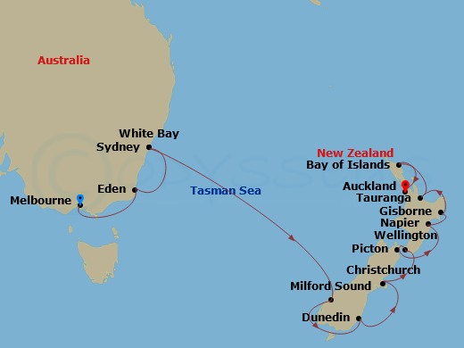 16 Night - Australia & New Zealand Cruise : Melbourne, Sydney & Auckland - Azamara Pursuit - Starting in Melbourne, Eden, Sydney AU, Milford Sound, Dunedin, Christchurch, Wellington, Picton, Napier, Gisborne, Tauranga, Bay of Islands, Auckland itinerary map
