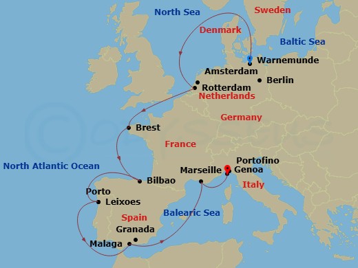 12 Night - Northern Europe - MSC Magnifica - Starting in Warnemunde (Berlin), Germany, Rotterdam (Amsterdam), Netherlands, Brest, France, Bilbao, Spain, Leixoes (Porto), Portugal, Malaga (Granada), Spain, Marseille (Provence), France, Genoa (Portofino), Italy itinerary map