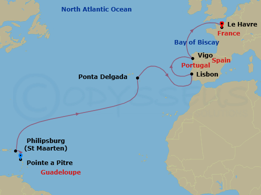 14 Night - East Caribbean - MSC Meraviglia - Starting in Pointe-A-Pitre, Guadeloupe, Philipsburg, Saint Martin, Ponta Delgada (Azores), Portugal, Lisbon (Cascais), Portugal, Vigo (Santiago De Compostela), Spain, Le Havre (Paris), France itinerary map