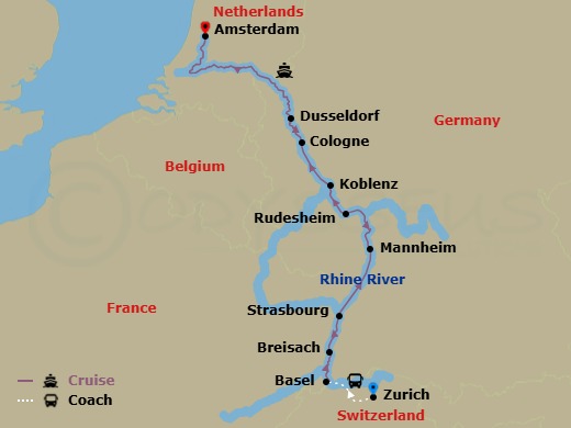 7 Night - Jewels of the Rhine - Emerald Destiny - Starting in Zurich / Basel (Huningue), Breisach, Strasbourg / Germersheim, Mannheim, Koblenz, Cologne / Dusseldorf, Amsterdam itinerary map